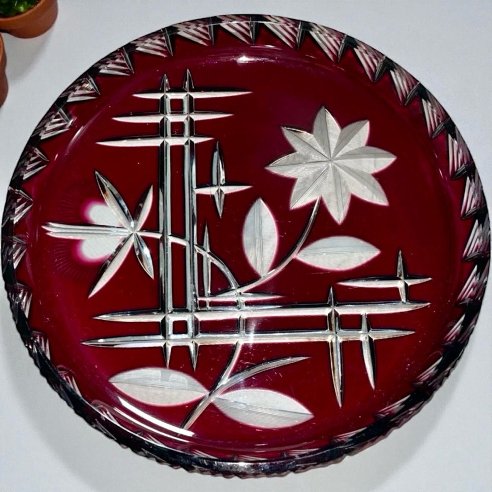 Czech Bohemian Cranberry Red Crystal Bowl Cut to Clear Glass Large Serving Plate